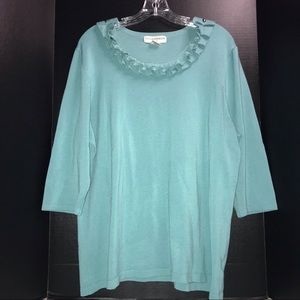 Sag Harbor sweater with unique ruffled neckline, turquoise with silver beads